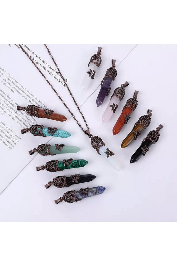 12pcs Natural Stone Red Copper Rose Reiki Healing Hexagonal Pendulum Pendant