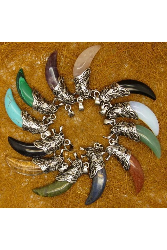 12pcs Wholesale Natural Mixed Stone Wolf Tooth Pendant Bead Amulet Luck 52x14mm
