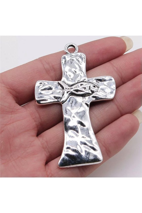 14 Pcs Antique Silver Fish Cross Charms Pendant 43x69MM B14583