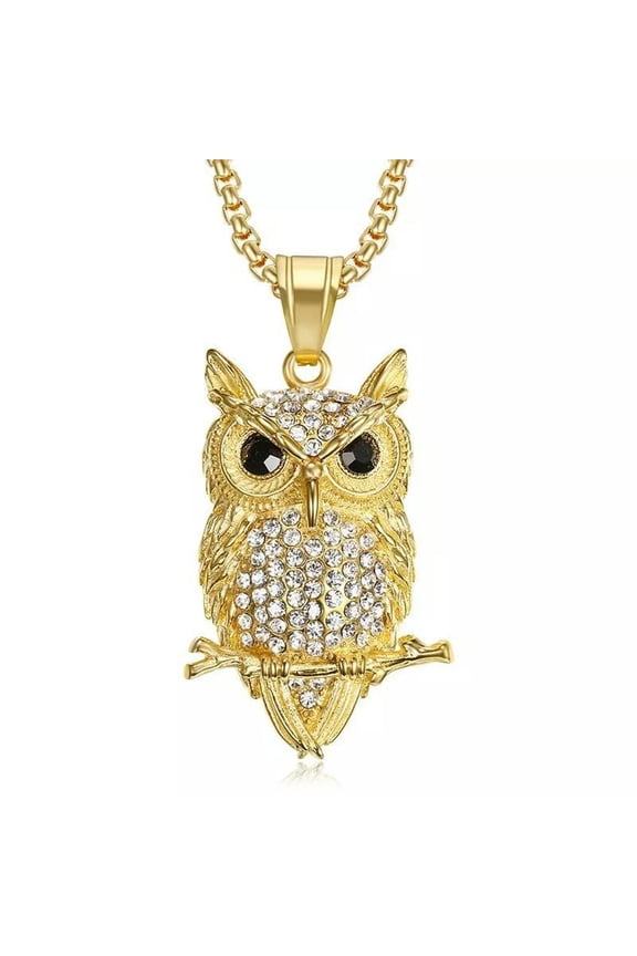14k gold plated Rhinestone Owl Pendant Necklace jewelry for men or women