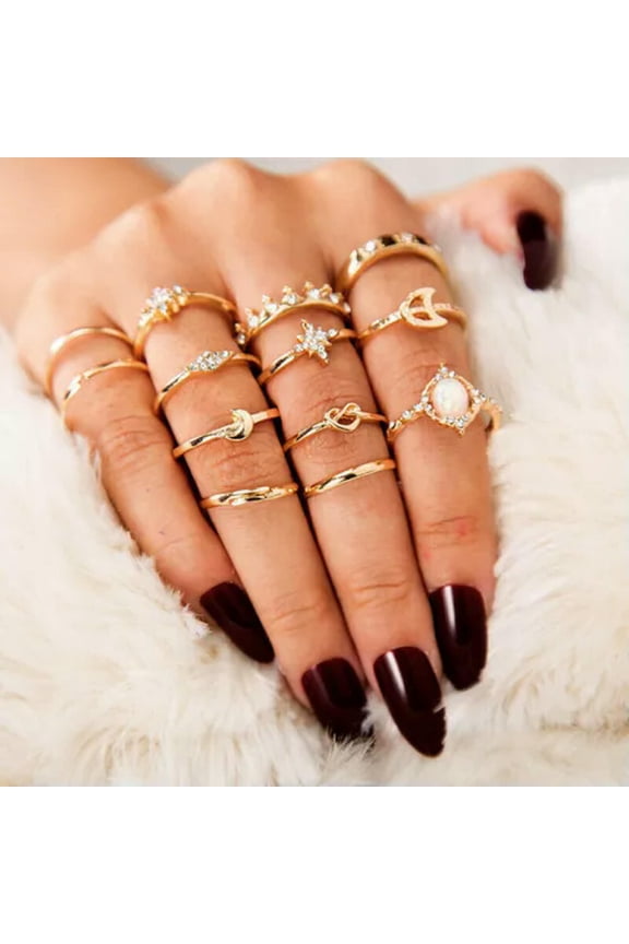 15Pcs/Set Retro Arrow Moon Midi Finger Knuckle Rings Boho Fashion Jewelry Gift-Opal #1