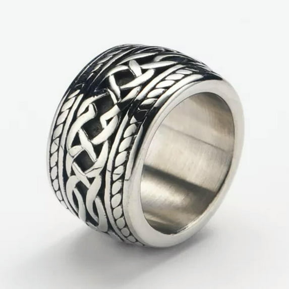 HOOUN 15mm Big Retro Pattern Wedding Ring Stainless Steel Vintage Biker Punk Men Ring-8-Silver