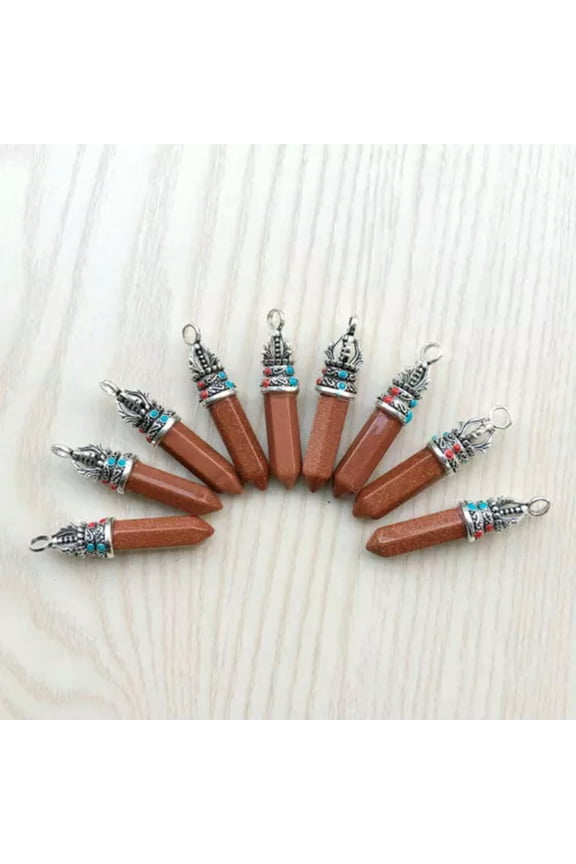 15pcs Gold Sand Stone Hexagonal Column Healing Point Cut Gemstone Reiki Pendant