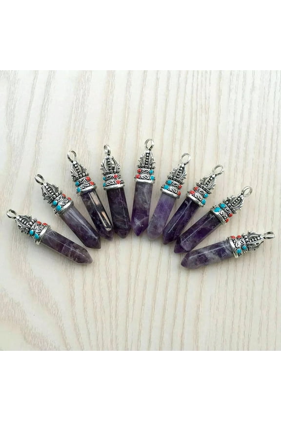 15pcs Natural Amethyst Stone Hexagonal Column Healing Point Cut Gemstone Pendant