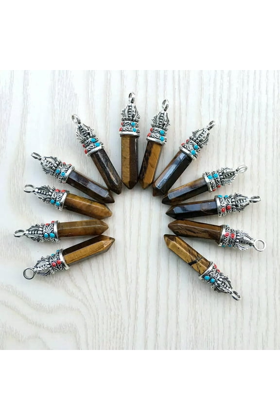 15pcs Natural Tiger Eye Stone Hexagonal Column Healing Point Cut Reiki Pendant
