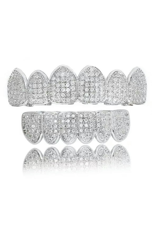 18K Gold Plated Hip Hop Teeth Grillz Top Bottom Mouth Diamond Grill Set Custom-Silver
