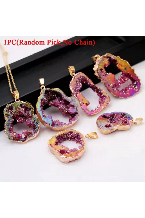 1PC Natural Crystal Slice Agate Geode Hole Rough Druzy Titanium Pendant Necklace-Rose