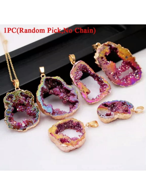 1PC Natural Crystal Slice Agate Geode Hole Rough Druzy Titanium Pendant Necklace-Rose