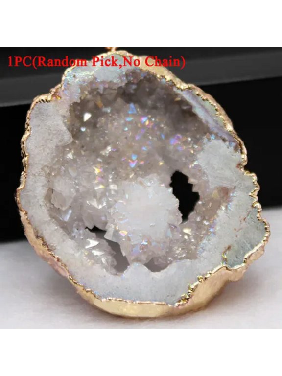 1PC Natural Crystal Slice Agate Geode Hole Rough Druzy Titanium Pendant Necklace-White