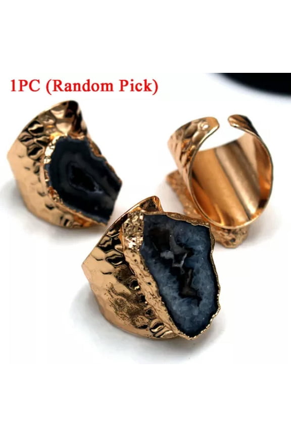 1PC Natural Raw Agate Geode Ring Stone Gold Plated Irregular Adjustable Open NEW-Black