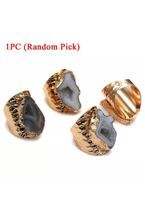 1PC Natural Raw Agate Geode Ring Stone Gold Plated Irregular Adjustable Open NEW-Gray