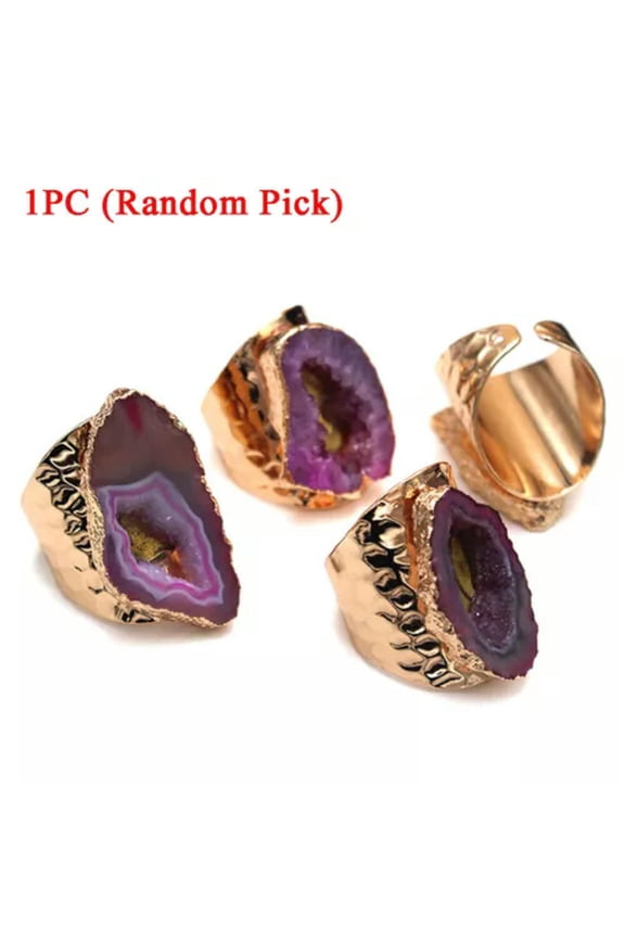 1PC Natural Raw Agate Geode Ring Stone Gold Plated Irregular Adjustable Open NEW-Red