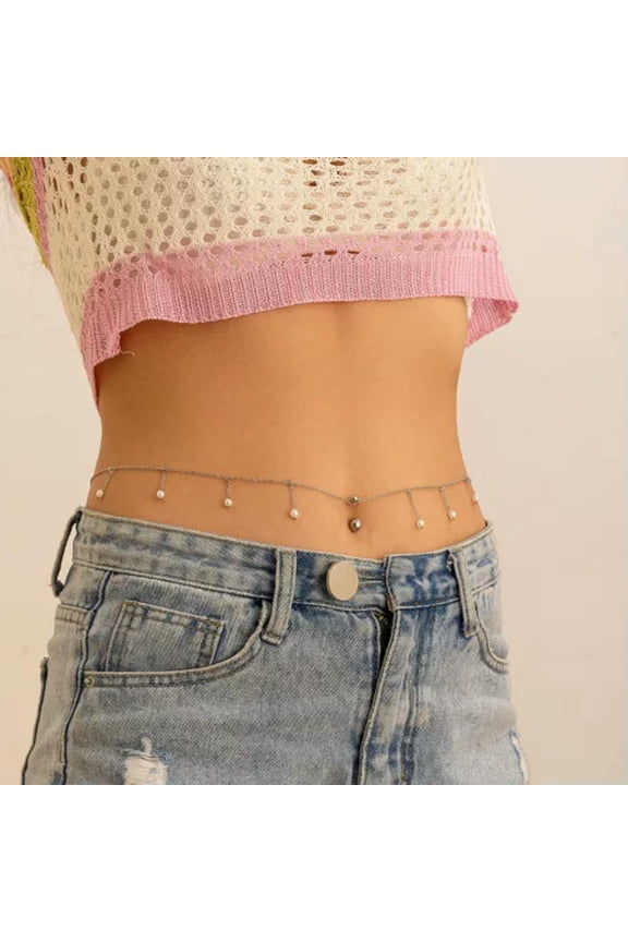 1PC Women Sexy Faux Pearl Dangle Belly Button Ring with Waist Chain Drop-Silver