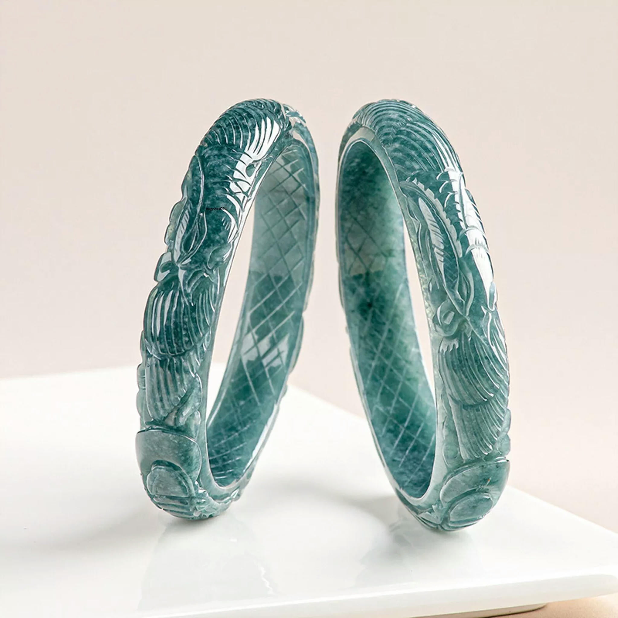 HOOUN 1PCS Natural Grade A Jade Jadeite Bangle Women Lucky Carved Phoenix Bracelet