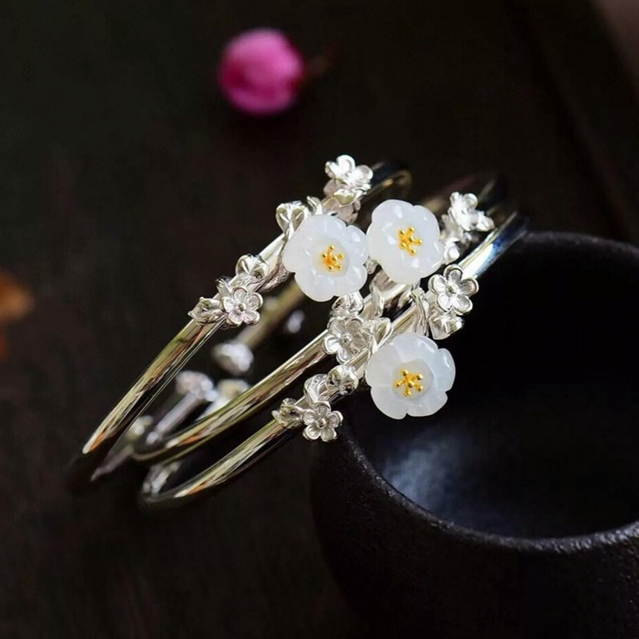 HOOUN 1PCS Pure S925 Sterling Silver Bangle Nephrite Jade Women Flower Cuff Bracelet