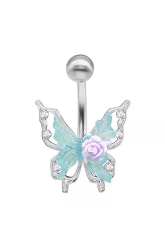 1Pc Butterfly Navel Ring Body Jewelry Bell Button Ring Piercing Sweet Belly Ring-blue