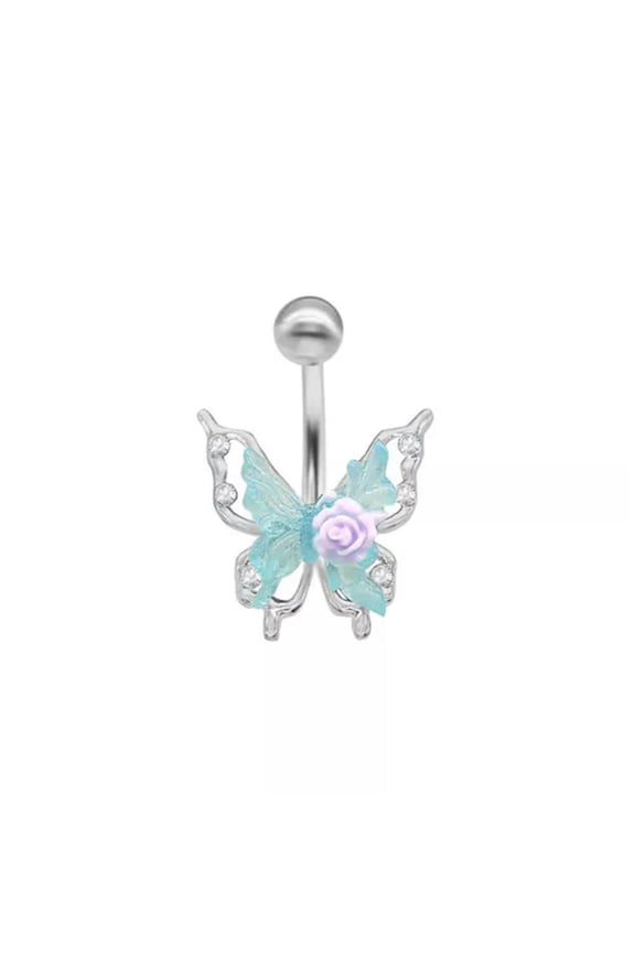 1Pc Butterfly Navel Ring Body Jewelry Bell Button Ring Sweet Piercing Zinc Alloy-blue
