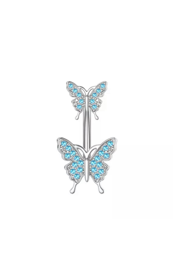 1Pc Women Double Butterfly CZ Dangle Stainless Steel Belly Button Navel Rings -Light Blue