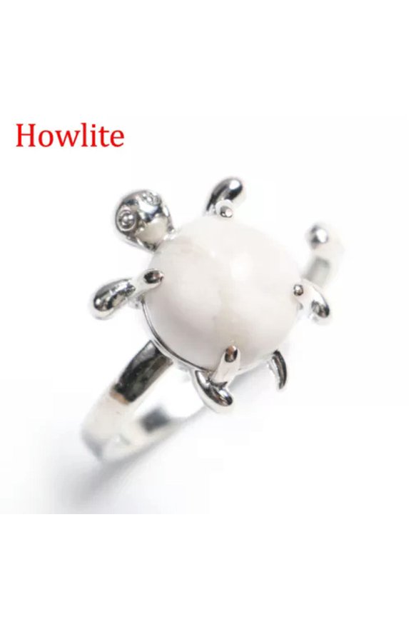 1X Mini Turtle Ring Natural Crystal Stone Chakra Quartz Round Bead Healing Reiki-Adjustable Opening-Howlite