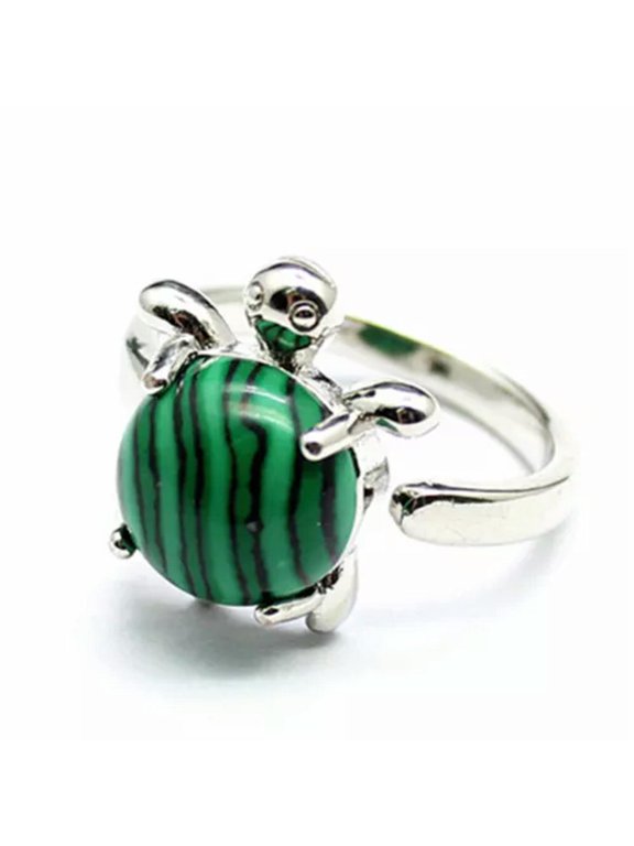 1X Mini Turtle Ring Natural Crystal Stone Chakra Quartz Round Bead Healing Reiki-Adjustable Opening-Malachite