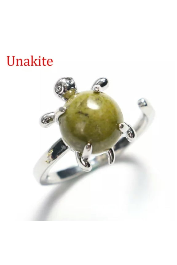 1X Mini Turtle Ring Natural Crystal Stone Chakra Quartz Round Bead Healing Reiki-Adjustable Opening-Unakite