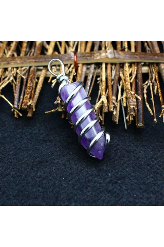 1X Natural Wire Wrapped Spiral Hexagon Prism Chakra Crystal Quartz Stone Pendant-Amethyst-1PC (Random Pick)