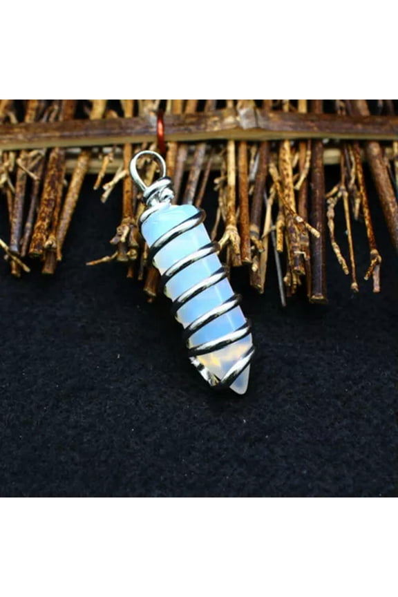 1X Natural Wire Wrapped Spiral Hexagon Prism Chakra Crystal Quartz Stone Pendant-Opal-1PC (Random Pick)