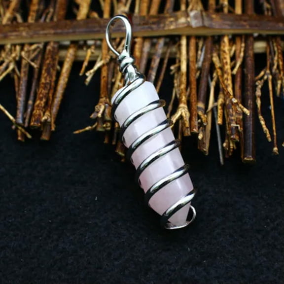 HOOUN 1X Natural Wire Wrapped Spiral Hexagon Prism Chakra Crystal Quartz Stone Pendant-Rose Quartz-1PC (Random Pick)