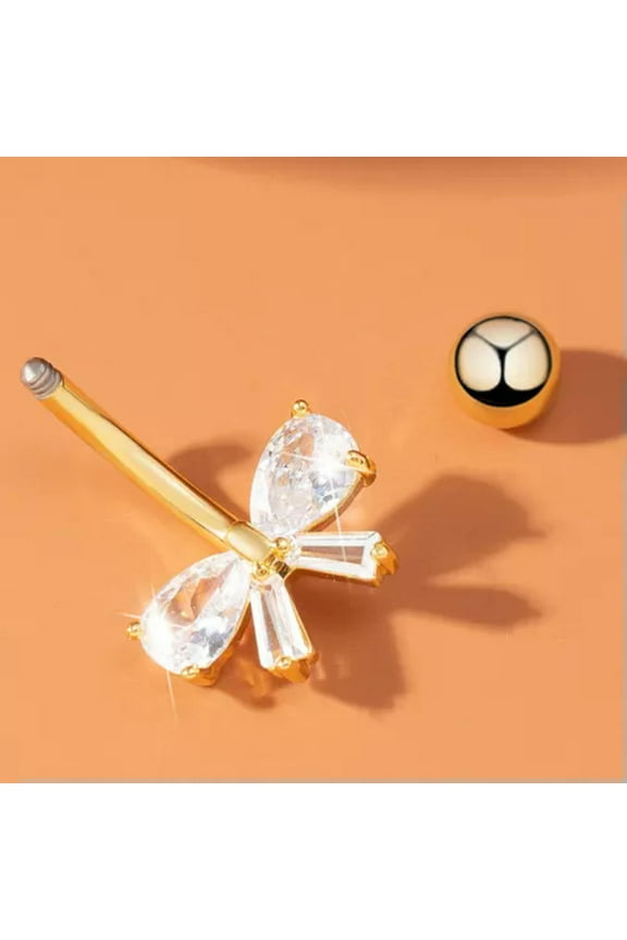 1pc Belly Navel Button Ring Rhinestones Bow Drop Dangle Body Piercing Jewelry-Gold