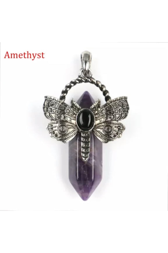 1pc Chakra Crystal Moth Dragonfly Pendants Obsidian Bead Gemstone Point Wand DIY-Amethyst-1PC (Random Pick)