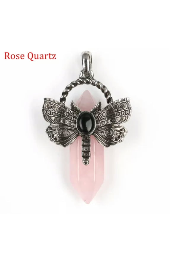 1pc Chakra Crystal Moth Dragonfly Pendants Obsidian Bead Gemstone Point Wand DIY-Rose Quartz-1PC (Random Pick)