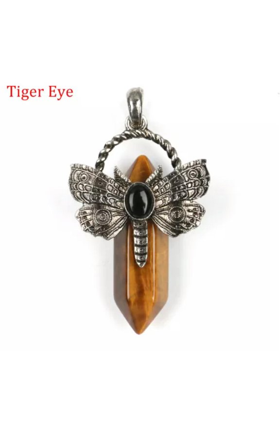 1pc Chakra Crystal Moth Dragonfly Pendants Obsidian Bead Gemstone Point Wand DIY-Tiger's Eye-1PC (Random Pick)