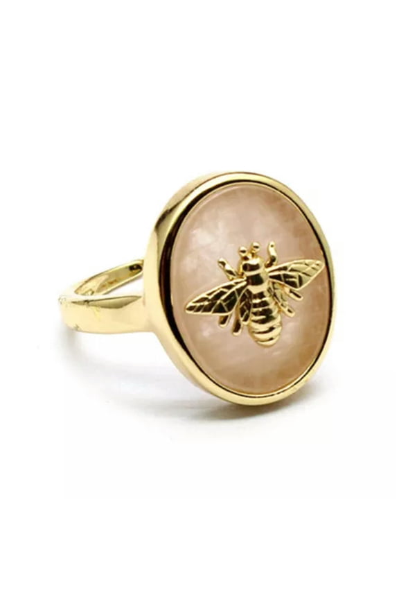 1pc Mini Bee Crystal Ring Oval Natural Chakra Quartz Stone Opening Reiki Healing-Rose Quartz