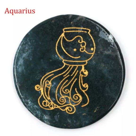 HOOUN 1pc Moss Agate 12 Constellations The Zodiac Crystal Stone Round Slices Carved 2"-Aquarius