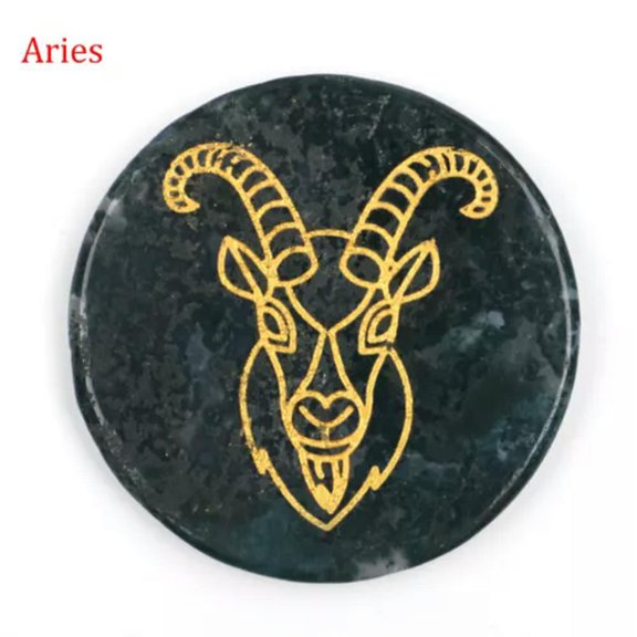 HOOUN 1pc Moss Agate 12 Constellations The Zodiac Crystal Stone Round Slices Carved 2"-Aries