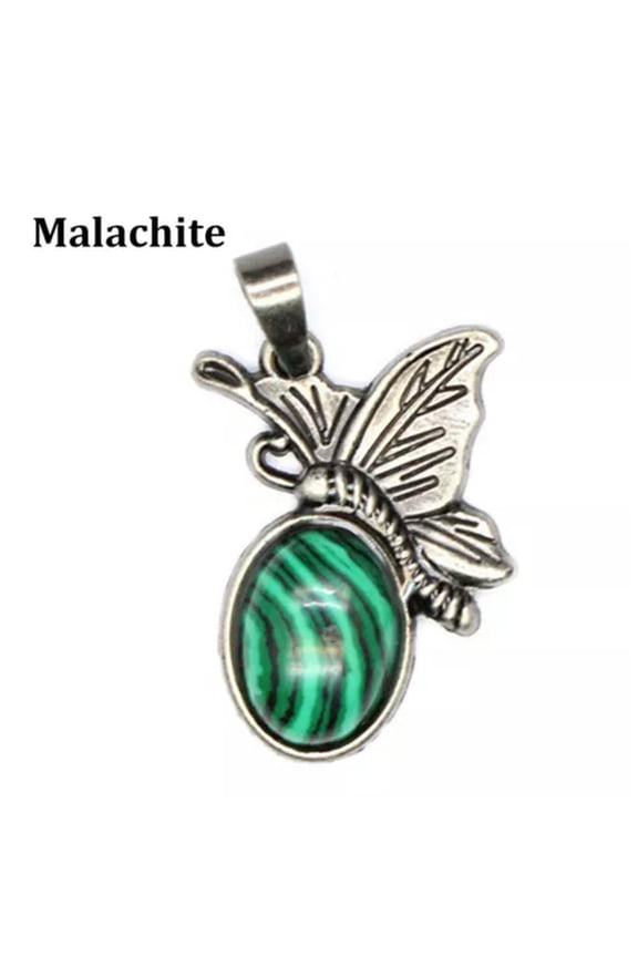 1pc Natural Crystal Chakra Butterfly Pendant Oval Bead Quartz Healing Reiki Gift-Malachite-1PC (Random Pick)