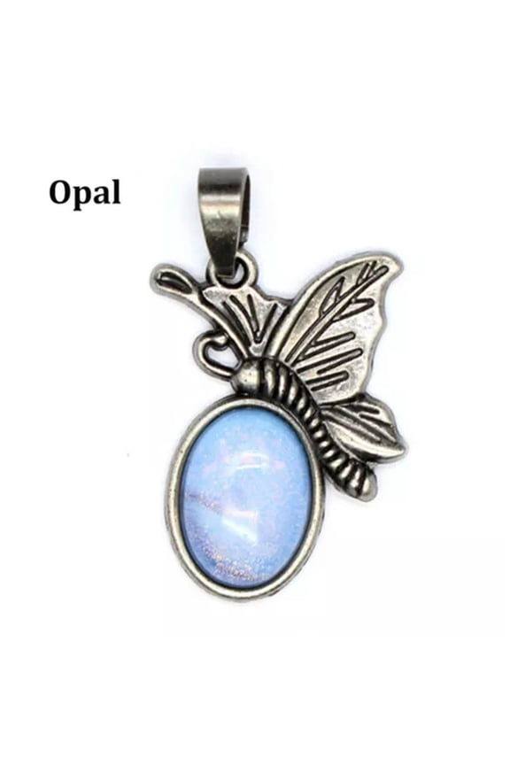 1pc Natural Crystal Chakra Butterfly Pendant Oval Bead Quartz Healing Reiki Gift-Opal-1PC (Random Pick)