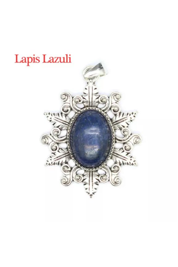 1pc Natural Oval Bead Flower Leaves Pendant Stone Crystal Jewelry Healing Reiki-Lapis Lazuli-1PC (Random Pick)