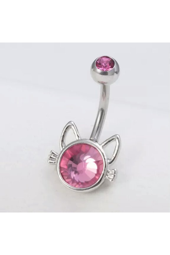 1pc Stainless Steel Cat Belly Navel Rings Beach Rhinestone Body Jewelry Piercing-Silvery