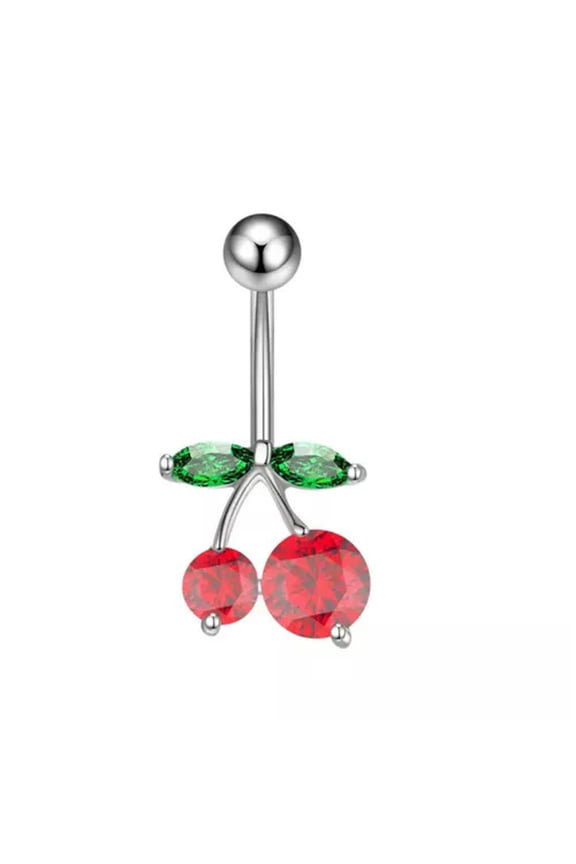 1pc Stainless Steel Cherry Bell Button Ring CZ Navel Ring Body Piercing Jewelry-Cherry