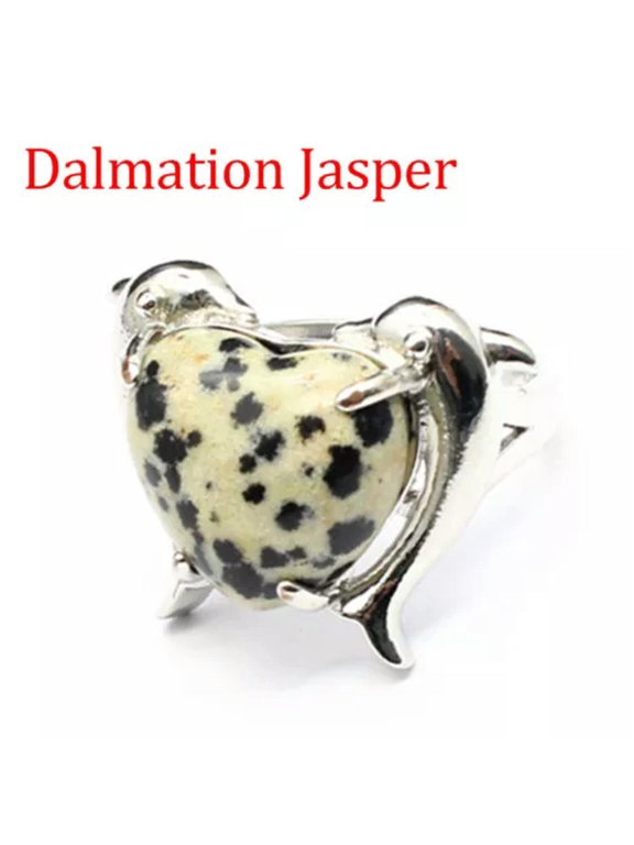 1pc Twin Dolphin Heart Rings Chakra Crystal Animal Bead Gemstone Jewerly Healing-Dalmation Jasper-1PC (Random Pick)