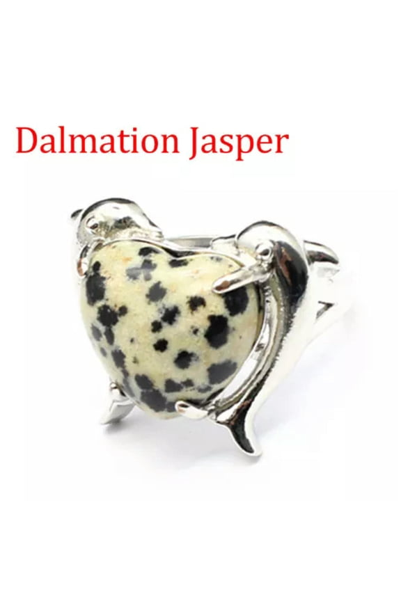 1pc Twin Dolphin Heart Rings Chakra Crystal Animal Bead Gemstone Jewerly Healing-Dalmation Jasper-1PC (Random Pick)