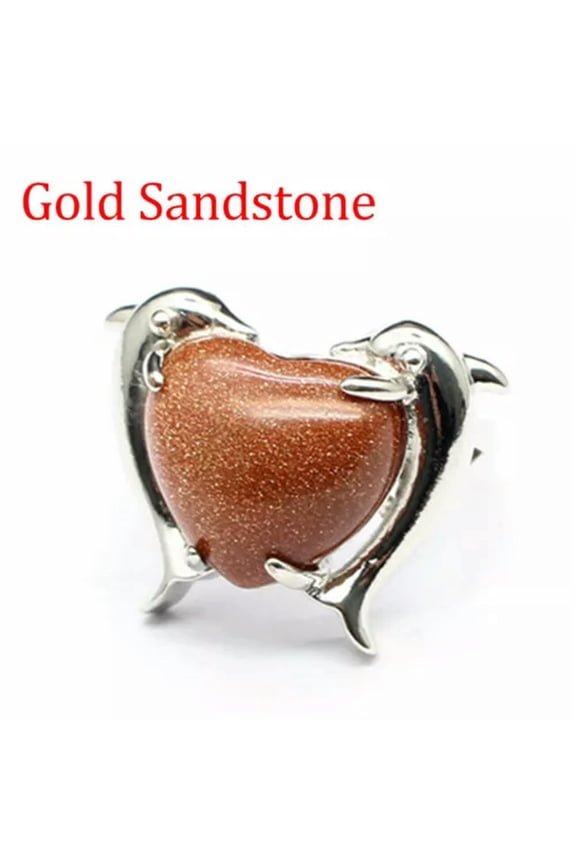 1pc Twin Dolphin Heart Rings Chakra Crystal Animal Bead Gemstone Jewerly Healing-Gold Sandstone-1PC (Random Pick)