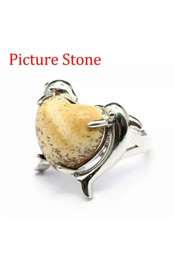 1pc Twin Dolphin Heart Rings Chakra Crystal Animal Bead Gemstone Jewerly Healing-Picture Stone-1PC (Random Pick)