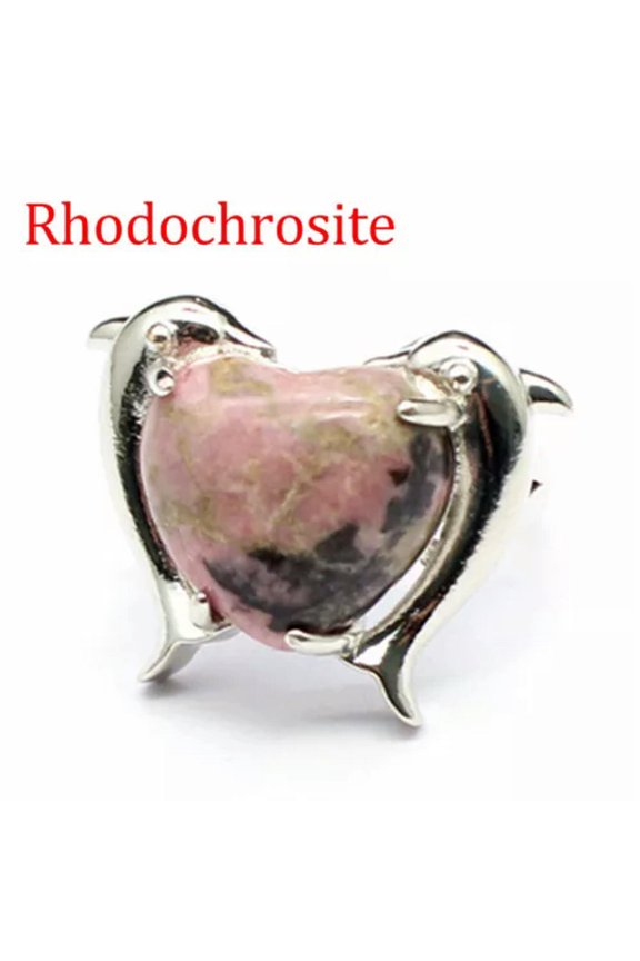 1pc Twin Dolphin Heart Rings Chakra Crystal Animal Bead Gemstone Jewerly Healing-Rhodochrosite-1PC (Random Pick)