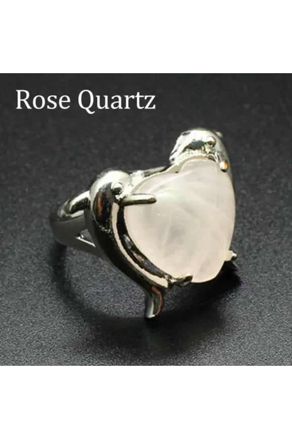 1pc Twin Dolphin Heart Rings Chakra Crystal Animal Bead Gemstone Jewerly Healing-Rose Quartz-1PC (Random Pick)