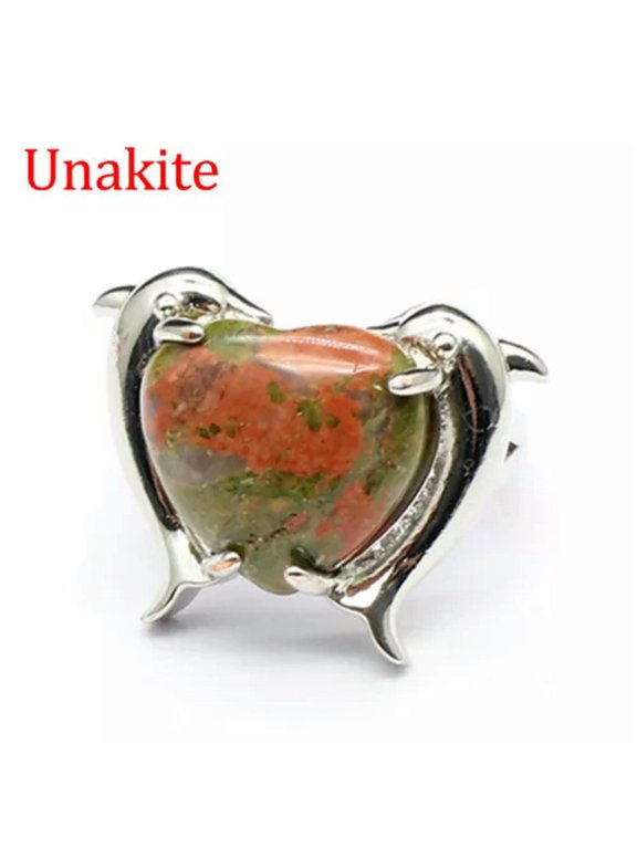 1pc Twin Dolphin Heart Rings Chakra Crystal Animal Bead Gemstone Jewerly Healing-Unakite-1PC (Random Pick)