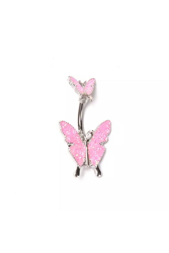 1pcs Double Butterfly Belly Ring Body Piercing Jewelry Navel Button Ri-qy_-Pink