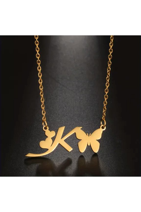 1pcs Gold Stainless Steel Butterfly Initial A-Z Letters Pendant Chain Necklace -LETTER K