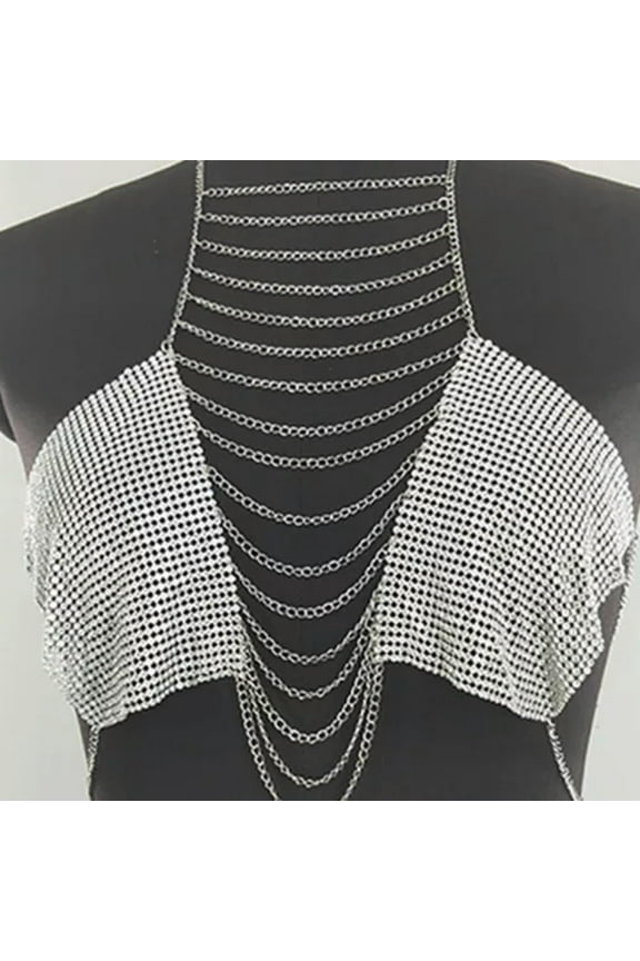 1x Body Chain Bikini Bra Jewelry Harness Chest Chain Necklace Hanging Neck Top-Silver